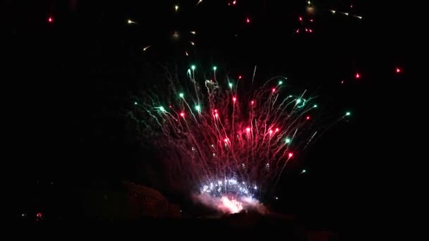 夜空とイルミネーションの信じられないほどの休日のカラフルな光沢花火の噴水 宴会のコンセプト — ストック動画