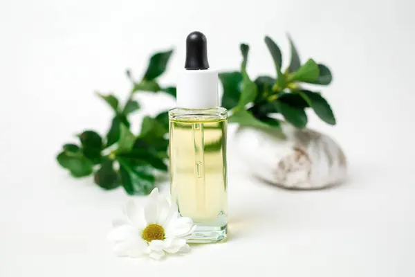 A glass bottle with cosmetics and a chamomile flower. A defocused decorative stone and a plant on a white background. The concept of organic natural cosmetics.