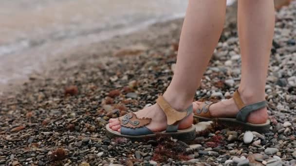 Deniz Kıyısındaki Çakıl Taşlı Plajda Duran Bir Kadının Bacaklarının Yakın — Stok video