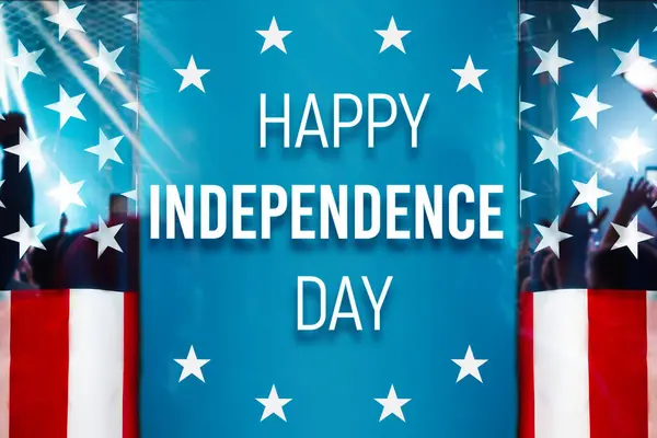 Congratulation of Happy Independence day on double exposure background with waving flag of the USA and people. Concept of national holidays of United States of America.