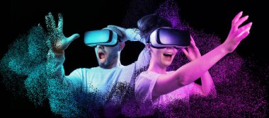 Metaverse web banner. Shocked disappearing bald, bearded man and happy woman VR glasses. Black background with neon grid. Concept of 3D simulation, virtual reality and cyberspace.