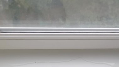 Pencerenin kenarına su sızdıran bir çerçeve, pencere kenarında bir su birikintisi. Yağmurlu bir hava. Üst görünüm.