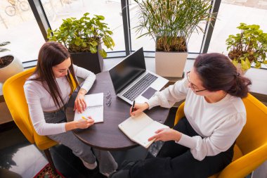 Hayat dolu bir kafe ortamında kampanya fikirleri üreten kadın profesyoneller. Çevrimiçi markalaşma ve başarılı işbirliği kavramı. Üst görünüm.