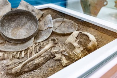 Müze camının altındaki tarih öncesi insan iskeletinin görüntüsü. Kapatın. Arkeoloji kavramı.