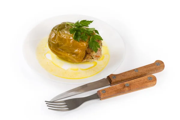 Gotowane Zielono Żółtą Papryką Ryżem Posiekanym Mięsem Białym Talerzu Widelcu — Zdjęcie stockowe