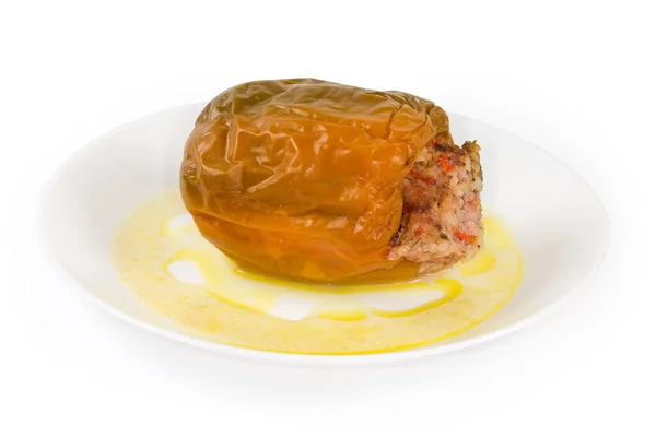 Een Gekookte Gele Paprika Gevuld Met Rijst Gehakt Vlees Met — Stockfoto