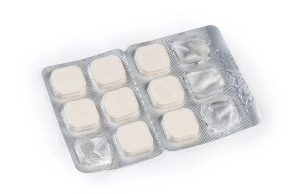 Envase Blíster Parcialmente Utilizado Con Píldoras Blancas Forma Cuadrada Sobre —  Fotos de Stock