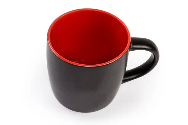 Порожня Керамічна Чашка Чорна Зовні Червона Всередині Ручкою Білому Тлі — стокове фото