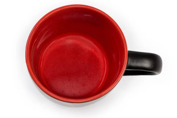 Empty Ceramic Cup Black Red Handle Top View White Background — Stock Photo, Image