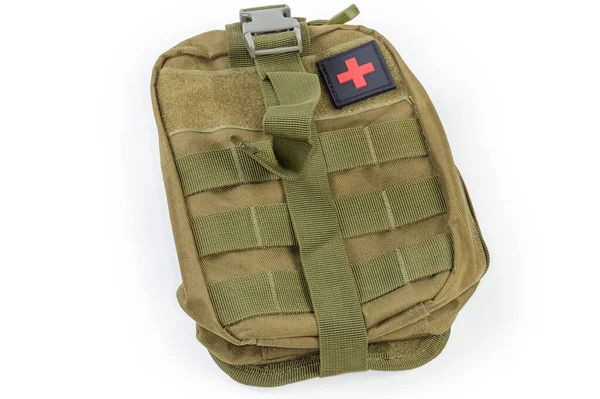 Textile Military Pouch Individual First Aid Kit Protective Green Brown — Stock Photo, Image