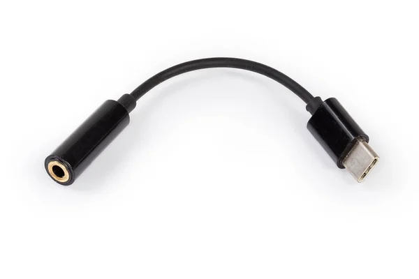 Černý Kabel Adaptér Zástrčkou Usb Analogovou Audio Mini Zásuvkou Okrajích — Stock fotografie