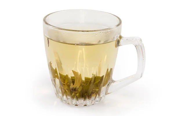 Frisch Gebrühter Grüner Tee Der Transparenten Glas Tasse Mit Aufgerollten — Stockfoto