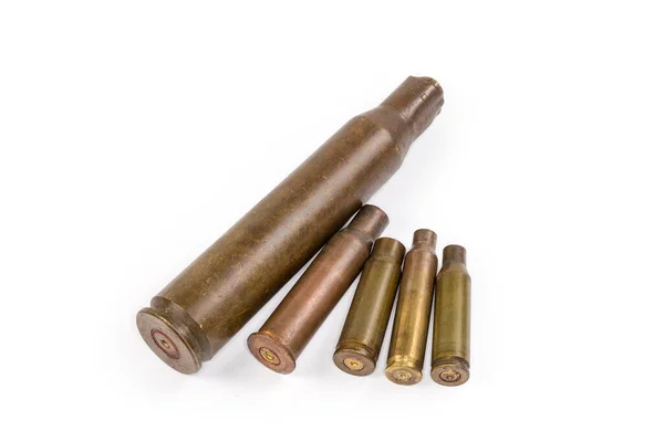 Old Spent Cartridge Cases Different Calibers Firearms Close White Background — Stock Photo, Image