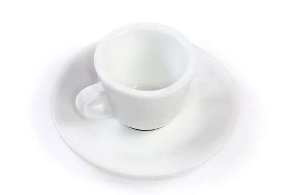 Kis Üres Fehér Kerámia Csésze Fogantyúval Fehér Csészealj Espresso Kávé — Stock Fotó