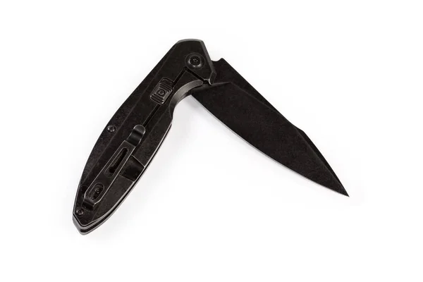 Gebrauchtes Taschenmesser Mit Teilweise Gefalteter Schwenkbarer Klinge Und Schwarzem Metallgriff — Stockfoto