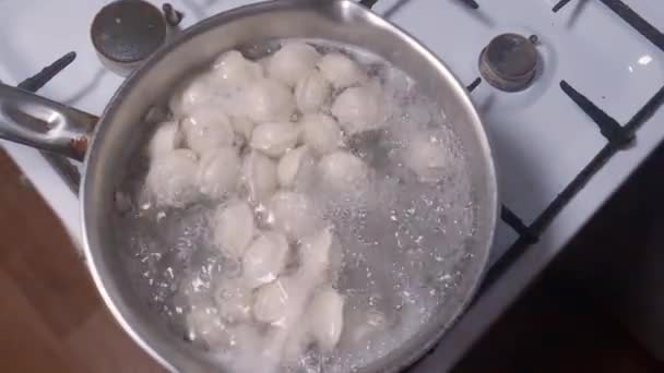 Ζυμαρικά Κρέατα Κατά Διάρκεια Βρασμού Ανοξείδωτη Κατσαρόλα Στο Φούρνο — Αρχείο Βίντεο