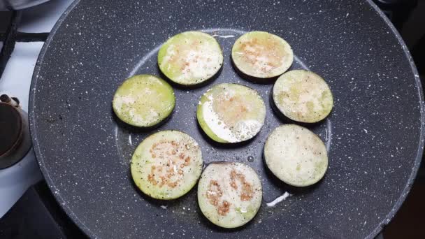Patlıcan Dilimleri Kızarırken Tavaya Kızartma Yağı Ekliyorum — Stok video
