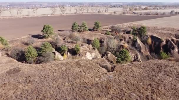 Steep Ravines Agricultural Land Autumn Aerial View — Wideo stockowe
