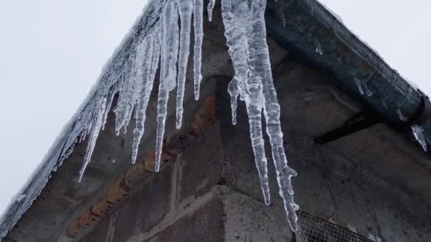Icicles Falling Water Drops Industrial Building Roof — Stockvideo