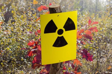 Ionizing radiation hazard sign in the form of black trefoil on yellow sheet nailed to the log on a blurred background of the autumn forest in sunny weather