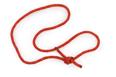 Loop of red rope with ends tied with water knot on a white background