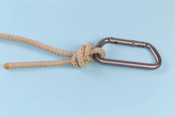 Rope Knot Double Overhand Noose Tied Climbing Rope Carabiner View — Zdjęcie stockowe