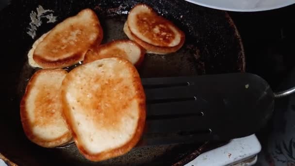 Removing Prepared Thick Pancakes Rustic Frying Pan — ストック動画