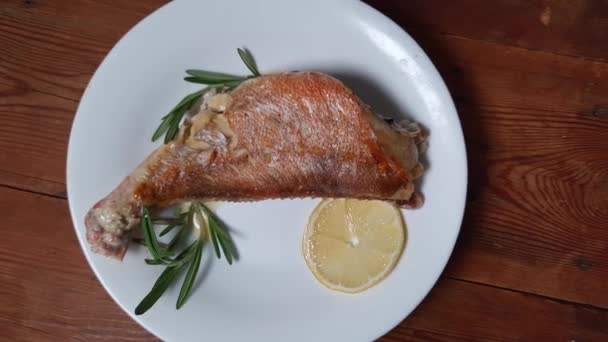 Baked Ocean Perch Dish Rustic Table — Stock Video