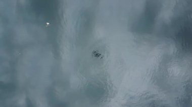 Water surface with quadcopter reflection, aerial view above water