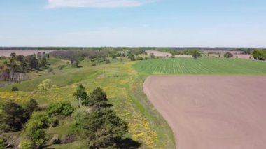 Processed and sown fields next valley with ravines, aerial view