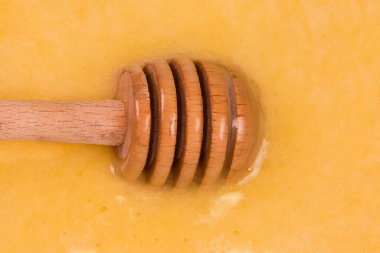 Ballı dipper, ahşaba dönüşmüş ahşap uçlu kısmen kalın ışığa batırılmış tatlım, üst taraf yakın plan.