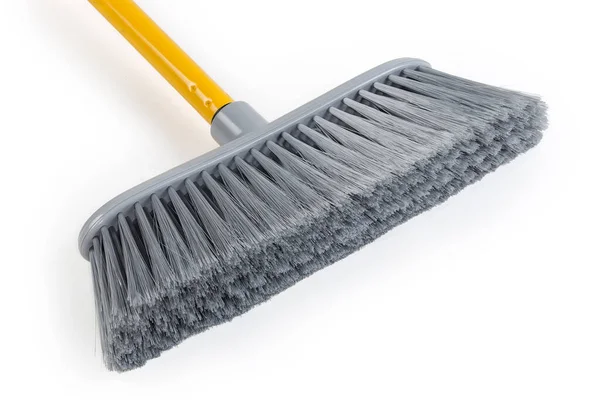 Wide Plastic Brush Sweeping Broom Gray Synthetic Bristles Close White — Stock Photo, Image