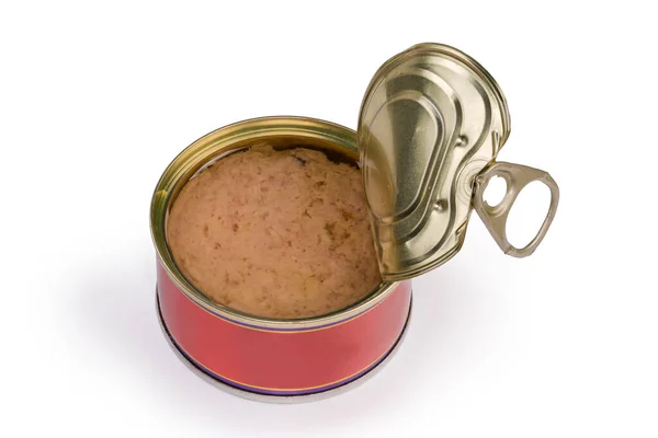 缶詰のマグロ肉をオリーブオイルで部分的に開いた小さな丸缶で白い背景に簡単に蓋を開けた — ストック写真