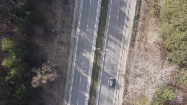 Gerader Abschnitt Der Autobahn Zwischen Wald Frühling Luftaufnahme — Stockvideo