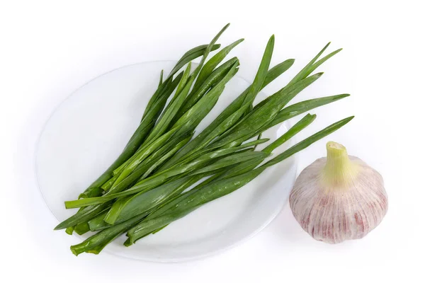 Washed Fresh Green Stems Garlic White Dish Bulb Young Purple — Stock Photo, Image