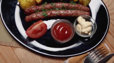 Kızarmış sosis, fırında patates ve siyah tabakta sos.