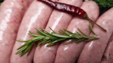 Siyah yüzeydeki baharatlar ve yeşiller arasında çiğ sosisler.