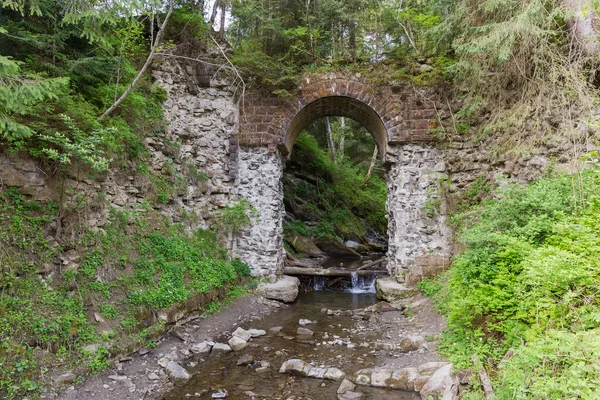 Stock image Old scenic arched stone abandoned half-destroyed narrow-gauge railroad bridge above the mountain stream in forest in Carpathians at overcast spring morning