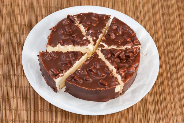 Sliced Layered Sponge Cake Souffle Marshmallow Pieces Chocolate Coating White — Stock Photo, Image