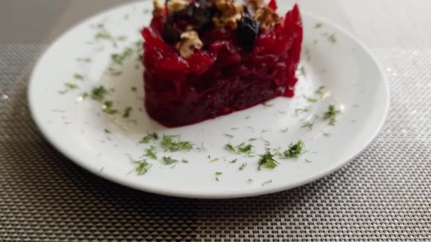 Vegetable Salad Boiled Red Beetroot Walnut Prunes — Stock Video