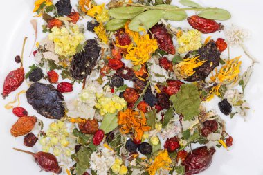 Kurumuş yapraklar, çiçekler ve çeşitli yabani dağların meyveleri, orman ve tarla tıbbi bitkileri bir çanakta, en üstte.