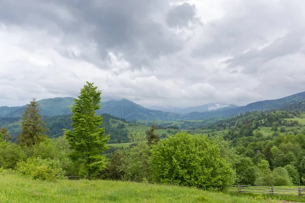 Mountain Ridges Covered Forests Mountain Meadows Cloudy Sky Spring Rain — Stock Photo, Image