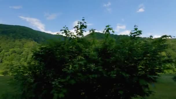 Zalesione Zbocze Doliny Górskiej Podczas Poruszania Się Wzdłuż Drogi — Wideo stockowe