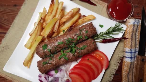 Lula Kebab French Fries Dish Rustic Table — Stock Video