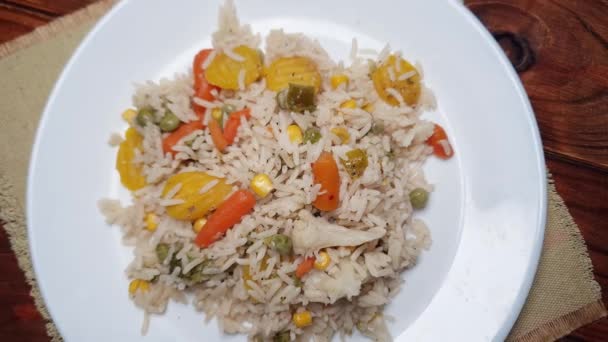 Rice Boiled Vegetables White Dish Top View — Stock Video