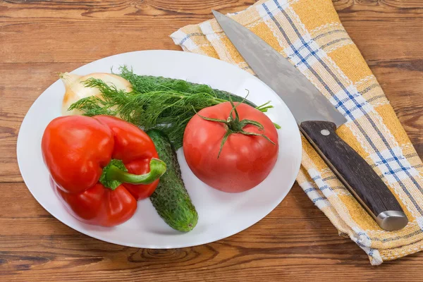 Different Fresh Vegetables Greens Ingredients Salad Preparation White Dish Kitchen — Stock Photo, Image