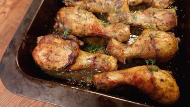 Baked Chicken Legs Metal Oven Tray Rustic Table — Stock Video