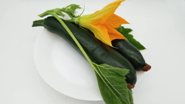 Dunkelgrüne Zucchini Mit Blättern Und Blüten Auf Weißem Hintergrund — Stockvideo