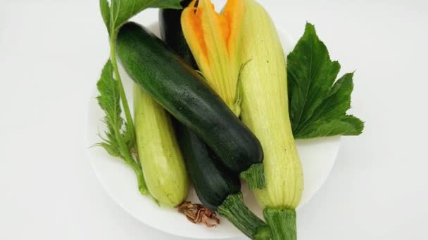 Zucchini Und Knochenmark Mit Blättern Und Blüten Auf Weißem Teller — Stockvideo