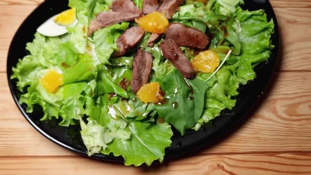 Salad Boiled Duck Meat Egg Orange Different Greens — Stock Video